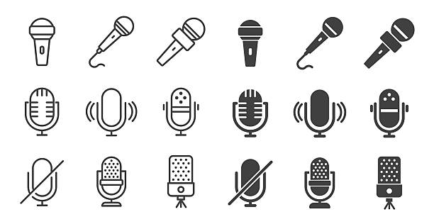 Microphone icons collection. Editable stroke. Thin line and glyph solid style series icons