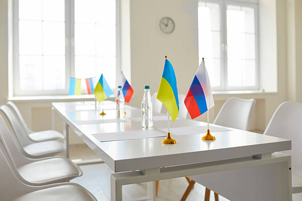 istock Table with flags of Ukraine and Russia 2230131113
