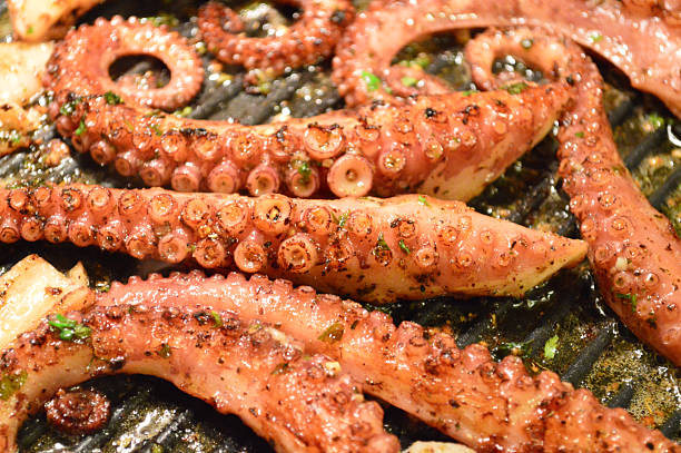 Close-up of tender grilled octopus tentacles seasoned with herbs, spices, and olive oil, served fresh from the pan for a Mediterranean-inspired seafood dish