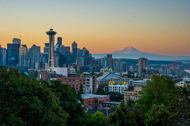 Seattle and Mt Rainier seen at sunrise in Seattle Washington at Kerry Park in Queen Anne
