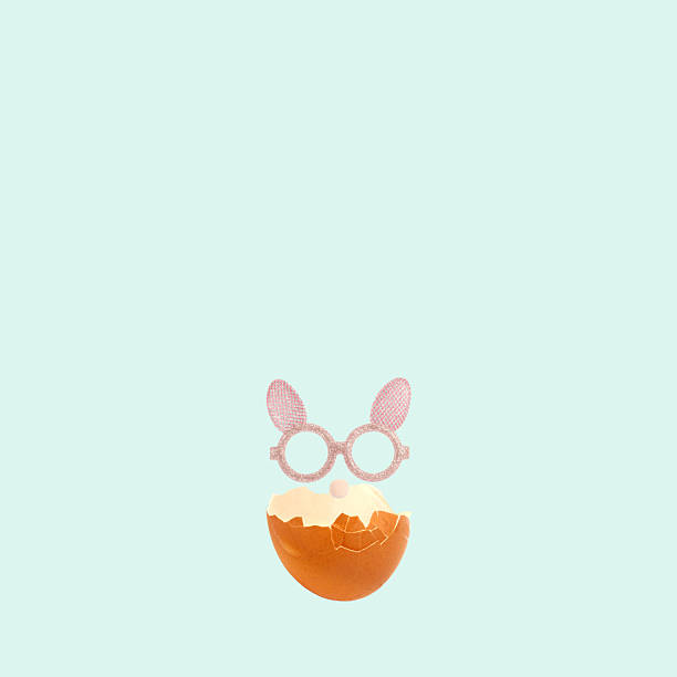 This is a concept photo with broken egg shell and Easter bunny glasses.