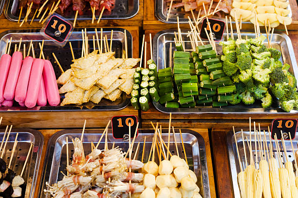 Meat and vegetable Thai barbecue food selection for 10 baht at night market