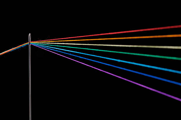 multi-colored threads for sewing in the form of a rainbow pass through an antique needle on a black background close-up