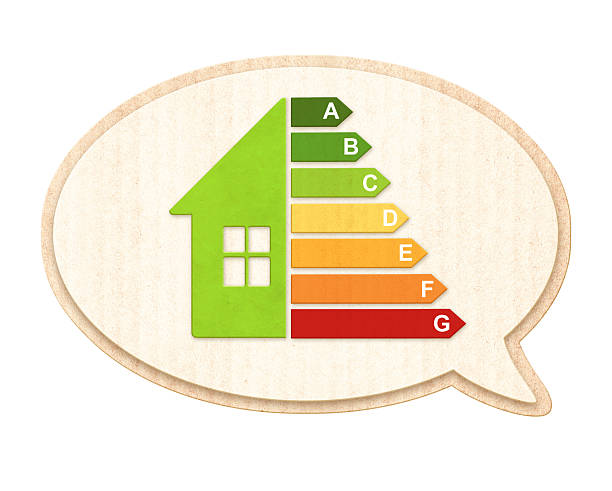 istock Speech bubble and energy efficiency chart on eco friendly house from recycled paper. Ecology, go green, environmental protection, energy class, bio energetic concept. Isolated on white background 2230145142