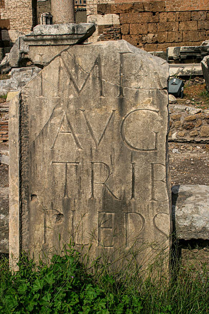 Section of a Stone Wall with Inscribed Type Among the Ruins in Rome, Italy.