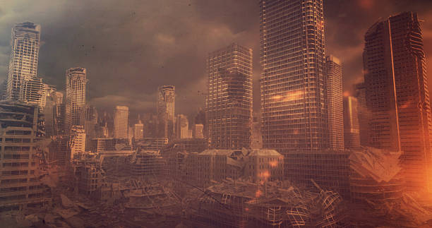 A desolate urban landscape with towering buildings in disrepair, captured under gloomy, dramatic clouds. This apocalyptic city scene reflects destruction and abandonment, creating a somber and eerie atmosphere. The tones of burning orange and gray further emphasize the catastrophic setting.