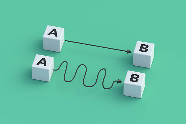 istock A simple and complicated way to achieve the goal. Easy and complex solution to the problem. Point a to b made from cubes. 3d render 2230155297