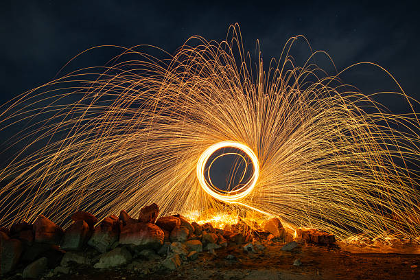 Fireworks, steel wool effect on the night sky.