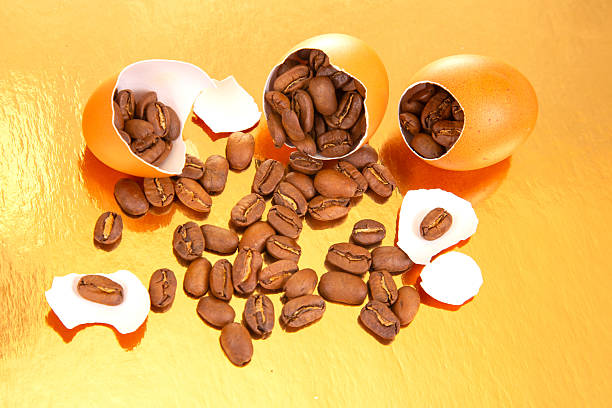 istock Creative still life of coffee beans emerging from a broken egg on a gold background, with eggshell pieces, blending surrealism and food concepts for advertising or decor. 2230175904