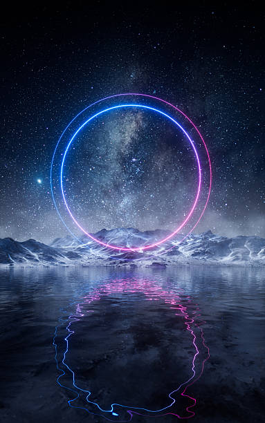 istock Glowing neon lines on the lake at night, 3d rendering. 2230186597