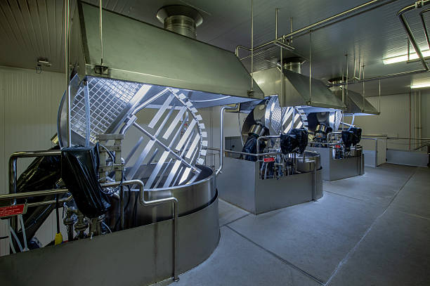 Row of dough mixers in an industrial bakery.