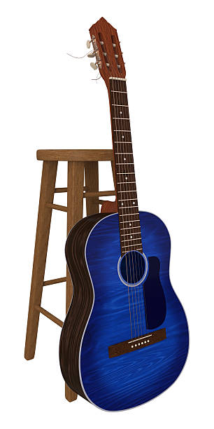istock Dark blue classical guitar leaning on wooden chair 3d render 2230187526