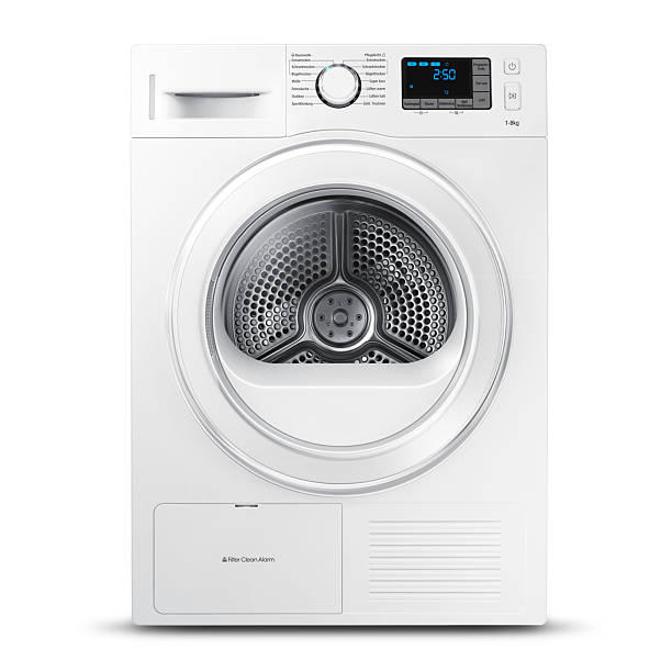 White Washing Machine Isolated on a White Background. Front View of Modern Washer Machine. Front Load Washer Machine with Electronic Control Panel. Domestic Appliances. Home Appliances
