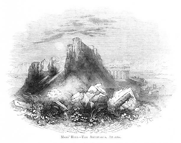 A rock formation where the ancient Athenian court tried legal cases, Athens, Greece.  Engravings published in 1837. Original edition is from my own archives. Copyright has expired and is in Public Domain.