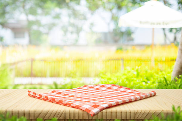 istock Wooden table with a red and white checkered tablecloth, set against a blurred fresh garden courtyard and cozy around the house background. 2230204202