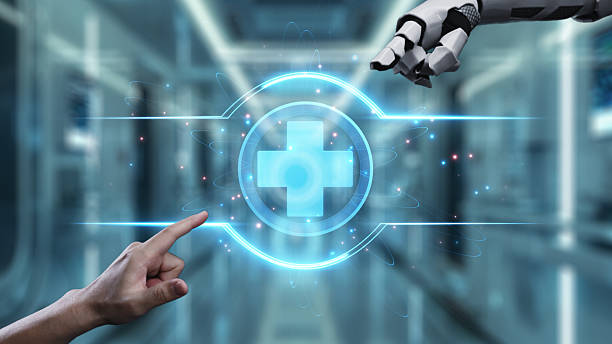 istock Robot and human reach hand and point finger with cross icon float. Salubrious. 2230209696