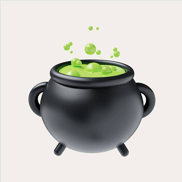 istock 3D Halloween cute icon of a bubbling cauldron with green potion. 3D render illustration 2230214789