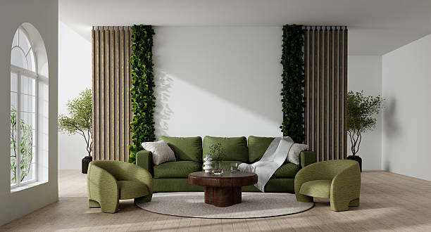 istock Stylish living area design promoting comfort and nature-inspired elements. 3D render illustration 2230215638