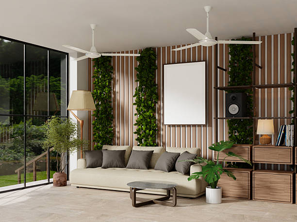 istock Interior design embracing nature and simplicity in a stylish living area. 3D render illustration 2230215650