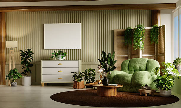 istock Sustainability in home design with vibrant green decor elements. 3D render illustration 2230215683