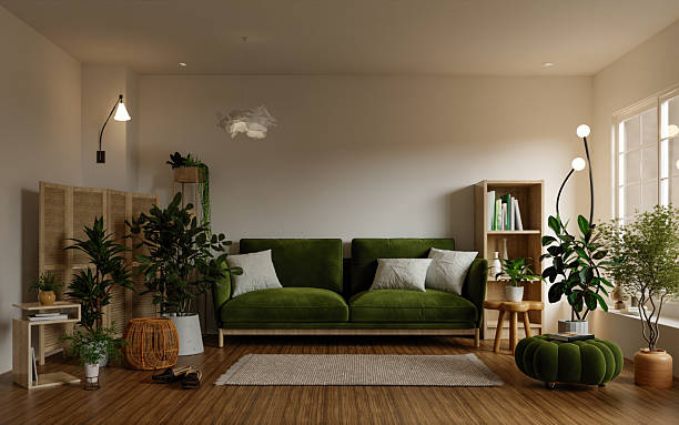 istock Sustainability in cozy green living room design. 3D render illustration 2230215736