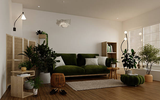 istock Sustainability in tranquil living room design with soft colors. 3D render illustration 2230215759