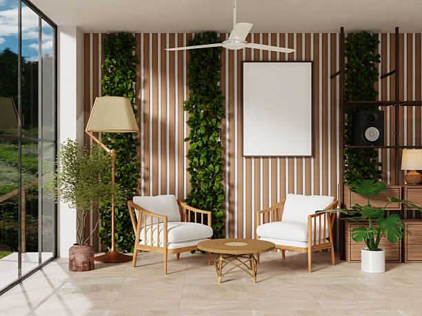 Chic interior ambiance featuring greenery and modern design in a cozy living room. 3D render illustration