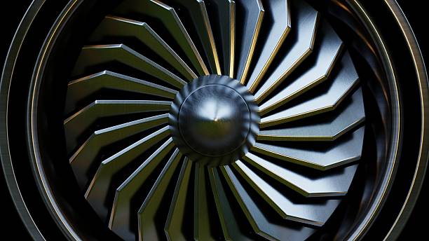 Jet engine turbine close-up in metallic finish-3D rendering