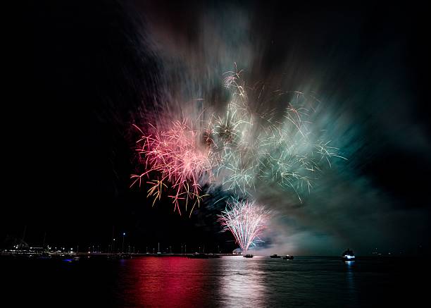 istock Vibrant fireworks explode over a calm water body, reflecting colorful lights in the night sky. 2230218548
