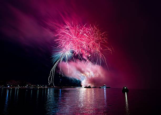 istock Vibrant fireworks explode over a calm water body, reflecting colorful lights in the night sky. 2230218554