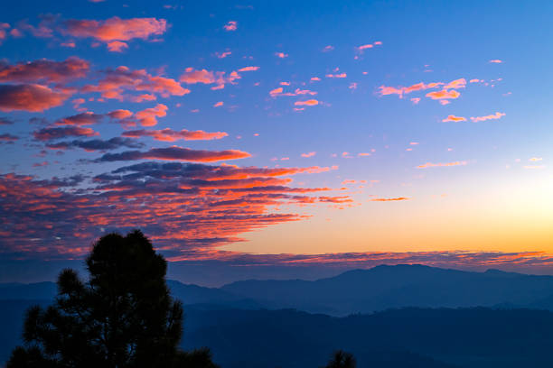 Morning views and Nanda Devi Mountain range visible from Majkhali town in Ranikhet in Uttarakhand India
