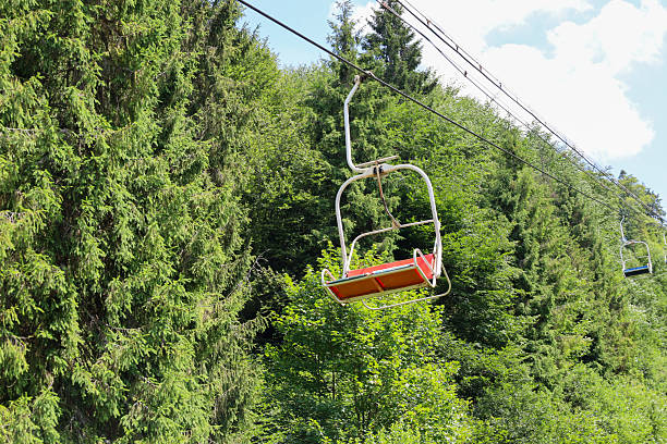 Empty ski lift chairs are suspended over a dense green forest that stretches into the distance under the bright summer sun. The scene highlights the contrast between ski resort infrastructure and the lush wilderness while it's in a state of rest.
