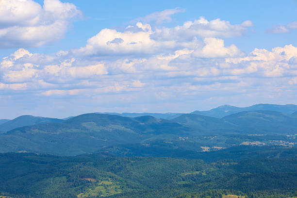 High mountains covered with dense forests are sinking into a blue haze. In the background, there's an endless sky with big white clouds. This is a wonderful summer landscape, full of tranquility and natural beauty.