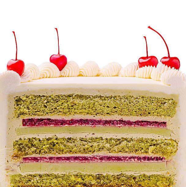 Colorful layered cake with cherries on top for celebration moments