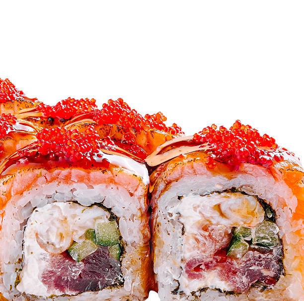 istock Colorful sushi rolls with fresh toppings on a white background 2230230668