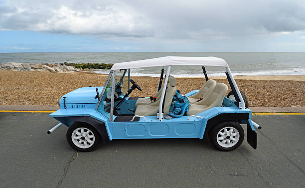 Felixstowe, Suffolk, England - May 04, 2025:  Classic light blue Mini Moke park on seafront promenade beach and sea in background