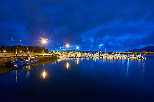 istock Fishing boat and yachts docked in harbor at night 2230235204