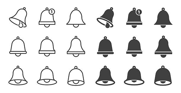 коллекция колокольных иконок. редактируемый мазок. иконки серий тонких линий и глифов в сплошном стиле - колокол stock illustrations