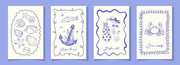 Set summer cards with handwritten typography in sketch italian style on white backdrop. Seashells, crab, anchor, fish, female swimsuit and accessories in various frames . Blue rough ink lines.