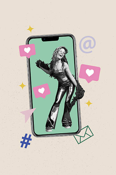 istock Template sketch composite artwork collage of smartphone touchscreen young lady retro outfit smile like app click network subscribe heart 2230240729