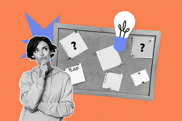 istock Template sketch trend artwork 3D collage of idea lamp logic challenge think solution young lady stand think minded board pin plant sheet 2230241233