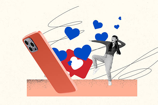 istock Composite sketch image design artwork collage of young lady stand leg push like heart smartphone subscribe app internet network follow 2230241468