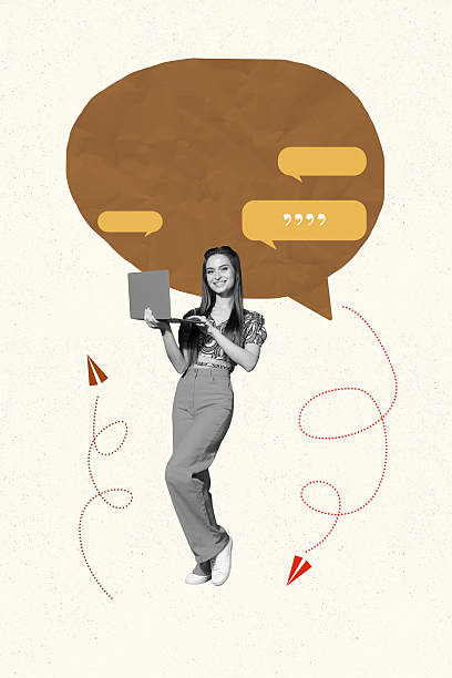 istock Art pop collage of person use gadget sit with speech bubble on pastel background 2230241524