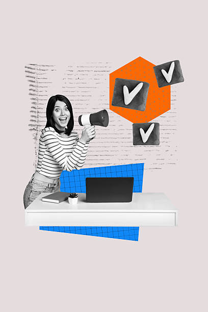 istock Template design photo collage of young lady hold loudspeaker proclaim done task laptop work office profession job business human resources 2230242776