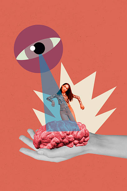 istock Sketch image trend artwork montage 3D collage of control escape focus spy surveillance search eye watch hand hold brain young lady stand 2230244817