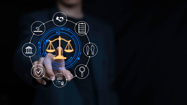 istock Hand pointing at virtual justice scale interface with surrounding legal icons, symbolizing digital law system, legal technology, online justice access, cybersecurity, and modern legal services. 2230248470