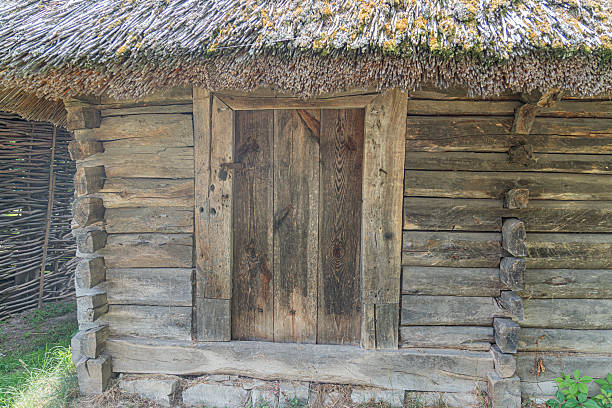 istock Weathered log cabin in a natural setting, constructed with vertical logs and thatched roof The cabin has a small porch area, an entrance reinforced by a wooden lintel, and possibly a ventilation win 2230256639