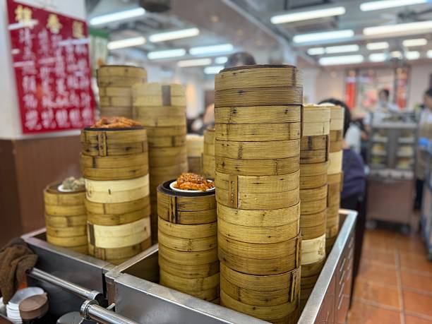 Bamboo basket for dim sum over hot steamer
