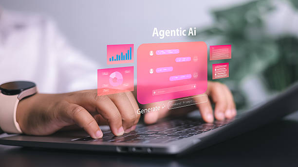 istock Person using laptop with futuristic holographic display labeled Agentic AI, showing chat, data graphs, and prompts, representing advanced AI, automation, and machine learning. 2230264515