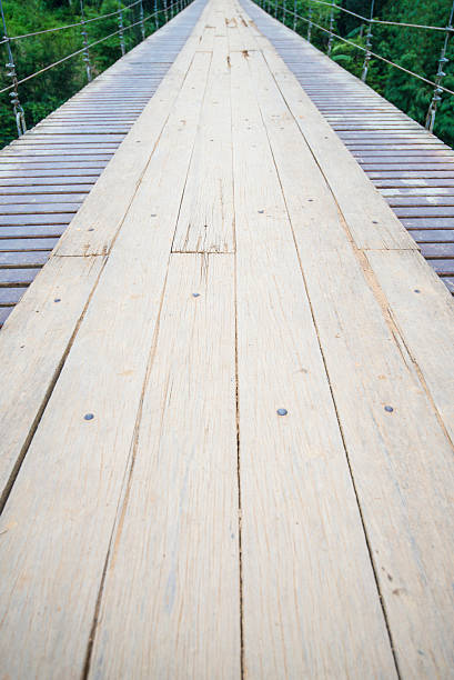 Wooden walkway in the forest, Thailand. Selective focus.